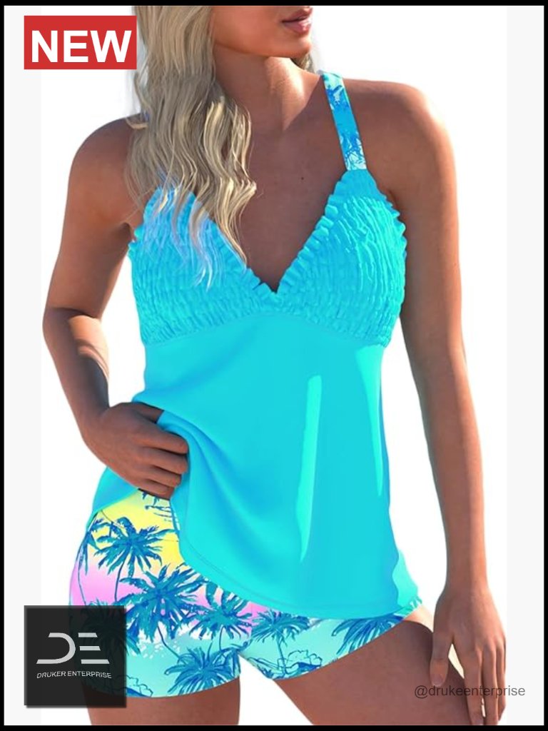 Women's Tankini Bathing Suits, Two-Piece Smocked Swim Dress With Board Shorts